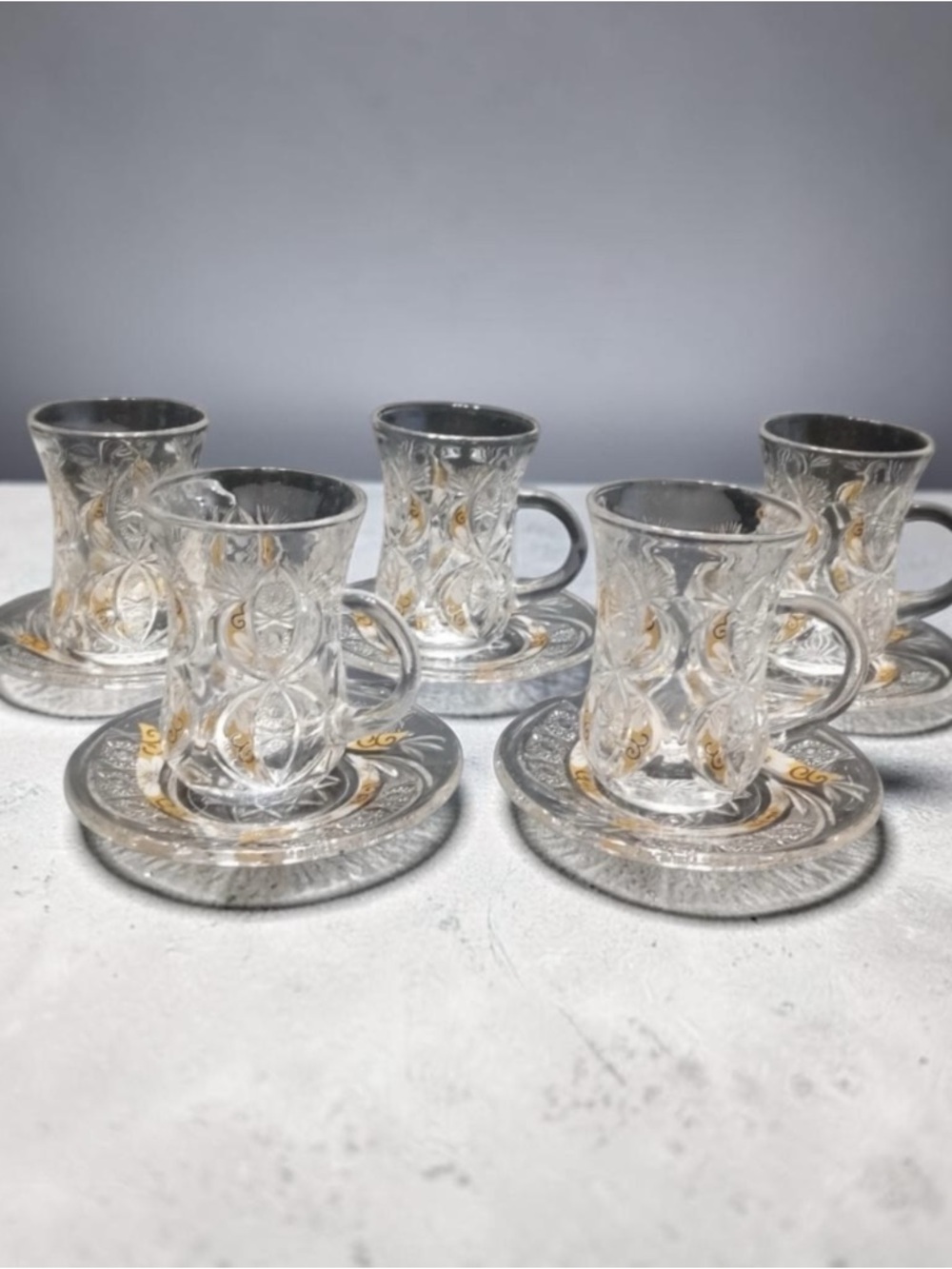 Vintage  Bohemian Turkish tea glass and saucer set of 5